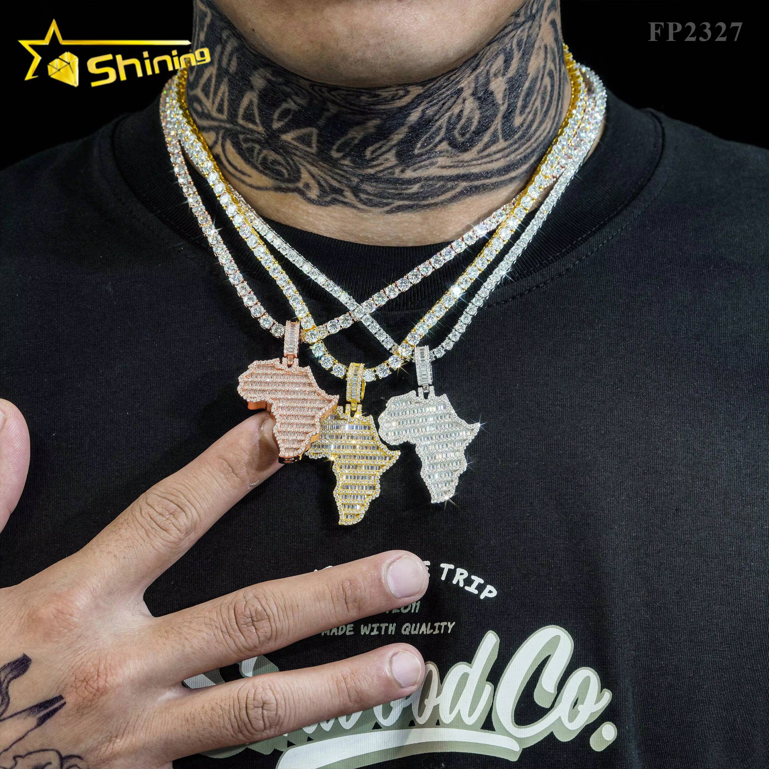 VVS Moissanite Hip Hop Jewelry baguette Diamond Africa Map Pendant 925 Sterling Silver Iced Out Jewelry Custom Made Map Pendants