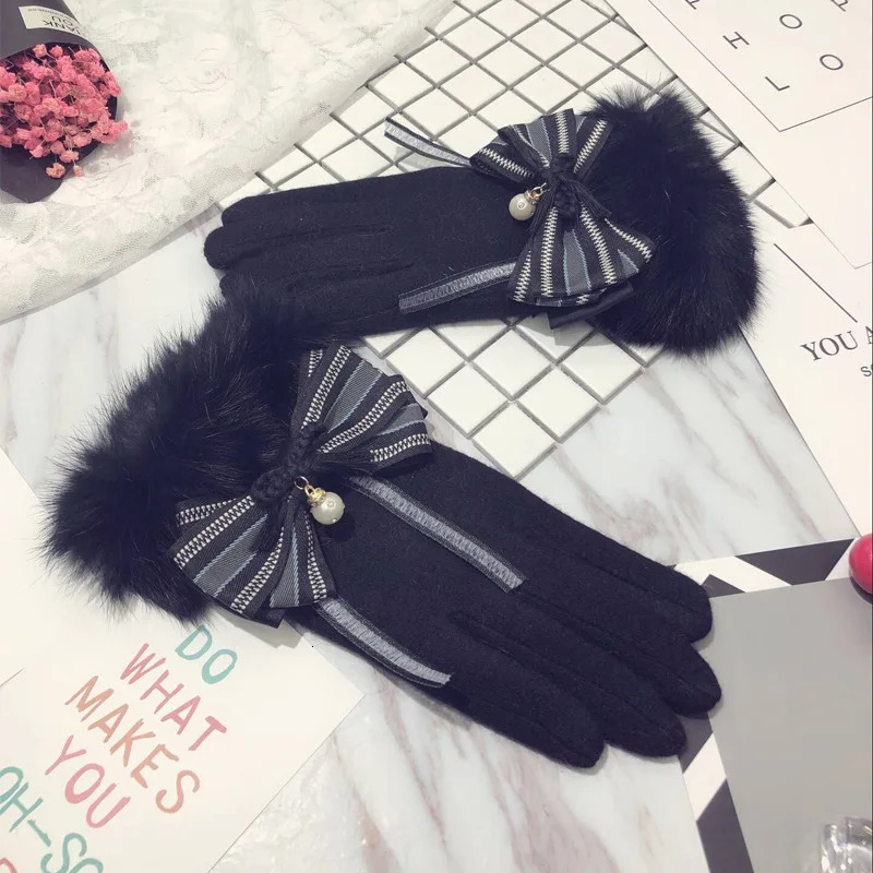 AllMatch Female Autumn and Winter Cute Warm Touch Screen Thick Rabbit Fur Wool Cashmere Warm Finger Gloves 251024