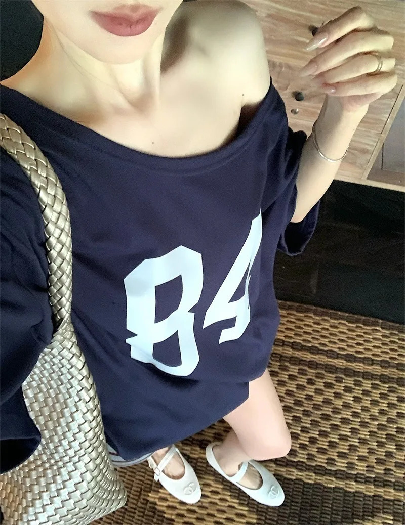 Women Print Short Sleeve One Shoulder Tshirt Street Style Tee Vintage Streetwear Korean Summer White T Shirt 251027