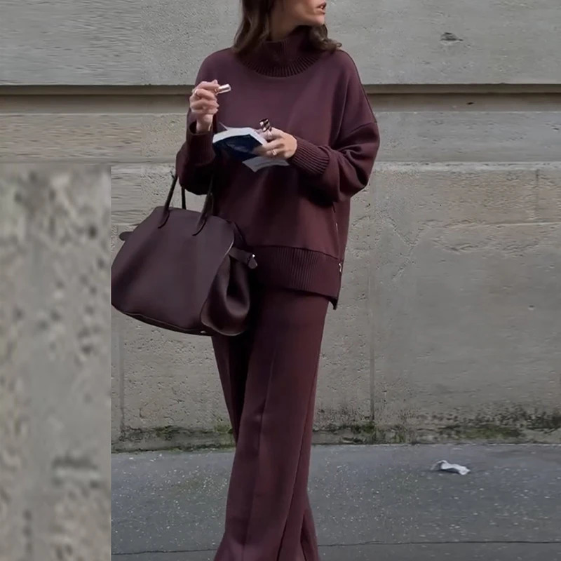 Vintage Autumn Winter Clothing Warm Sweater Solid Wide Leg Trousers Lazy Two Piece Women Suit Casual Knitted Long Pant Sets 251027