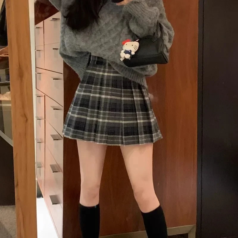 Retro Plaid Woolen Mini Skirt Women plus Size Spring Autumn Thickened Coffee Pleated Small High Waist A Line 251027