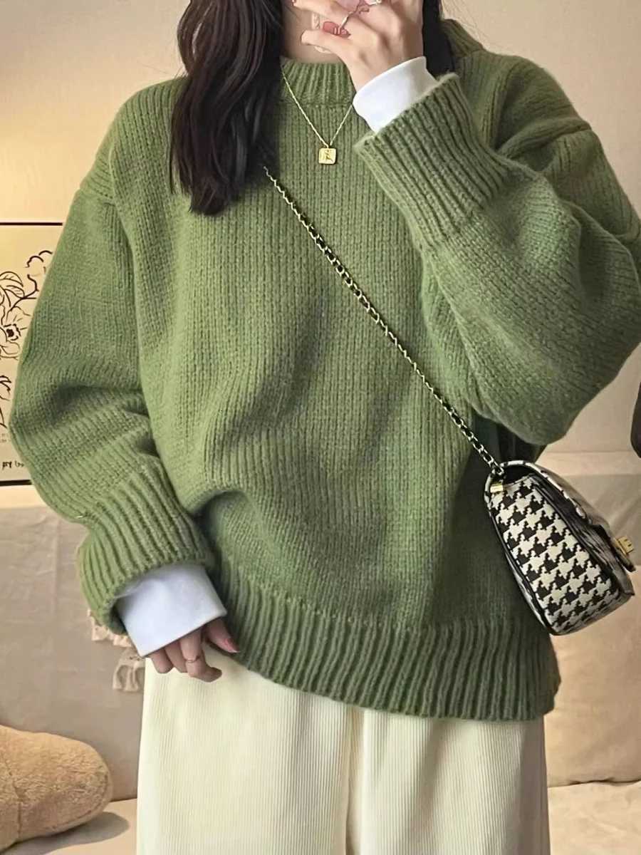 New ONeck Loose Green Pullover Sweater For Women Autumn Winter Thick Retro Japanese Lazy Style Interior Bottom Knitted TopT251027