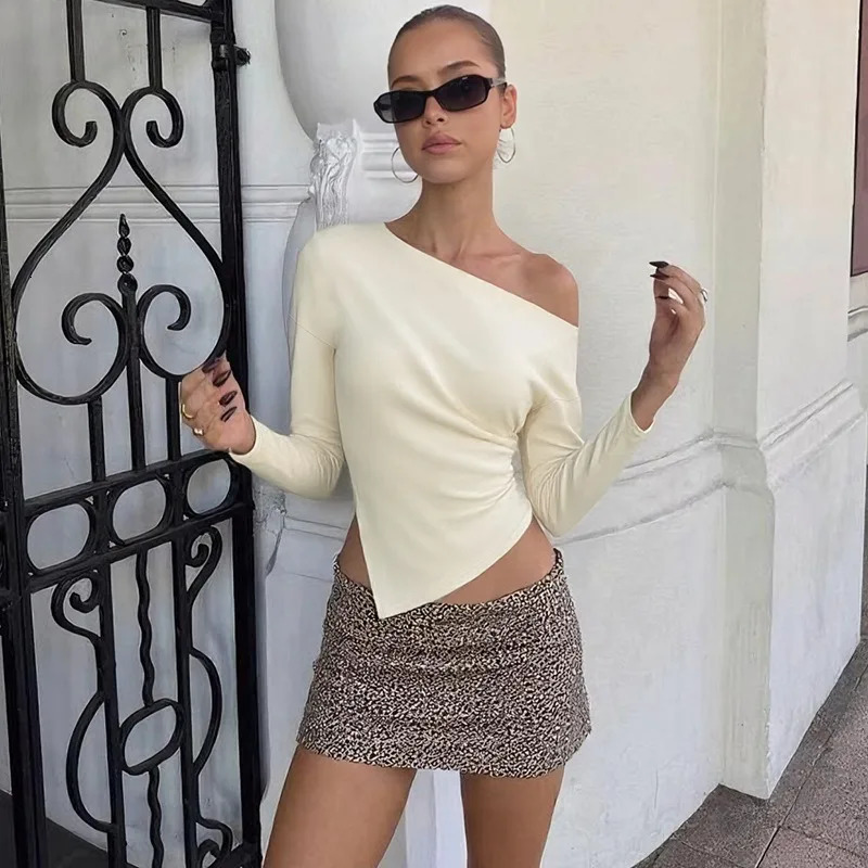Talenza Women Casual Top Fashion Slim Slit Long Sleeve Pullover Top Sexy Strapless Pleated Party Looks Top Female Streetwear 251027