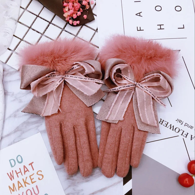 AllMatch Female Autumn and Winter Cute Warm Touch Screen Thick Rabbit Fur Wool Cashmere Warm Finger Gloves 251024