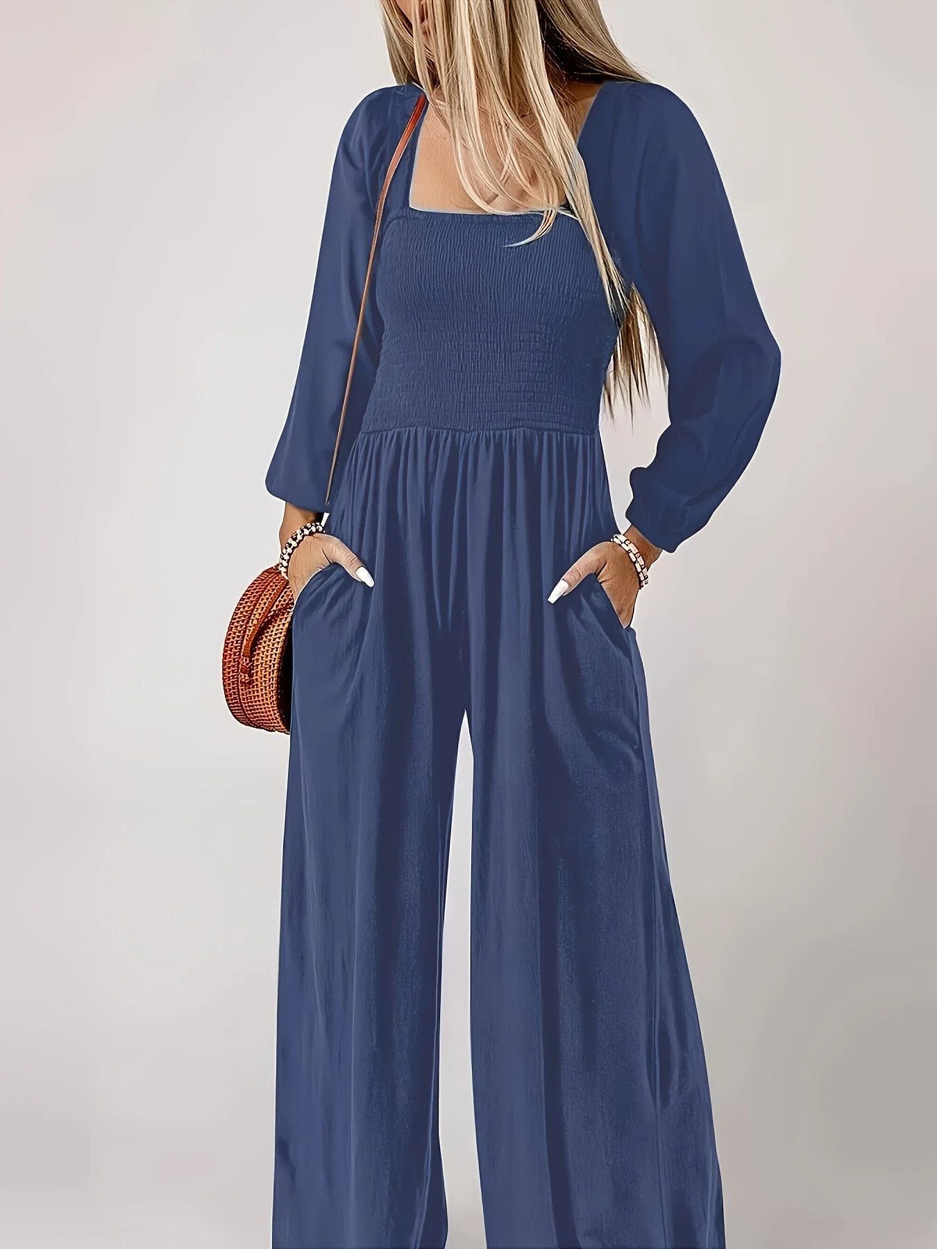 plus size solid color wide leg pants simple commuting style comfortable and casual womens high waisted jumpsuit 251027