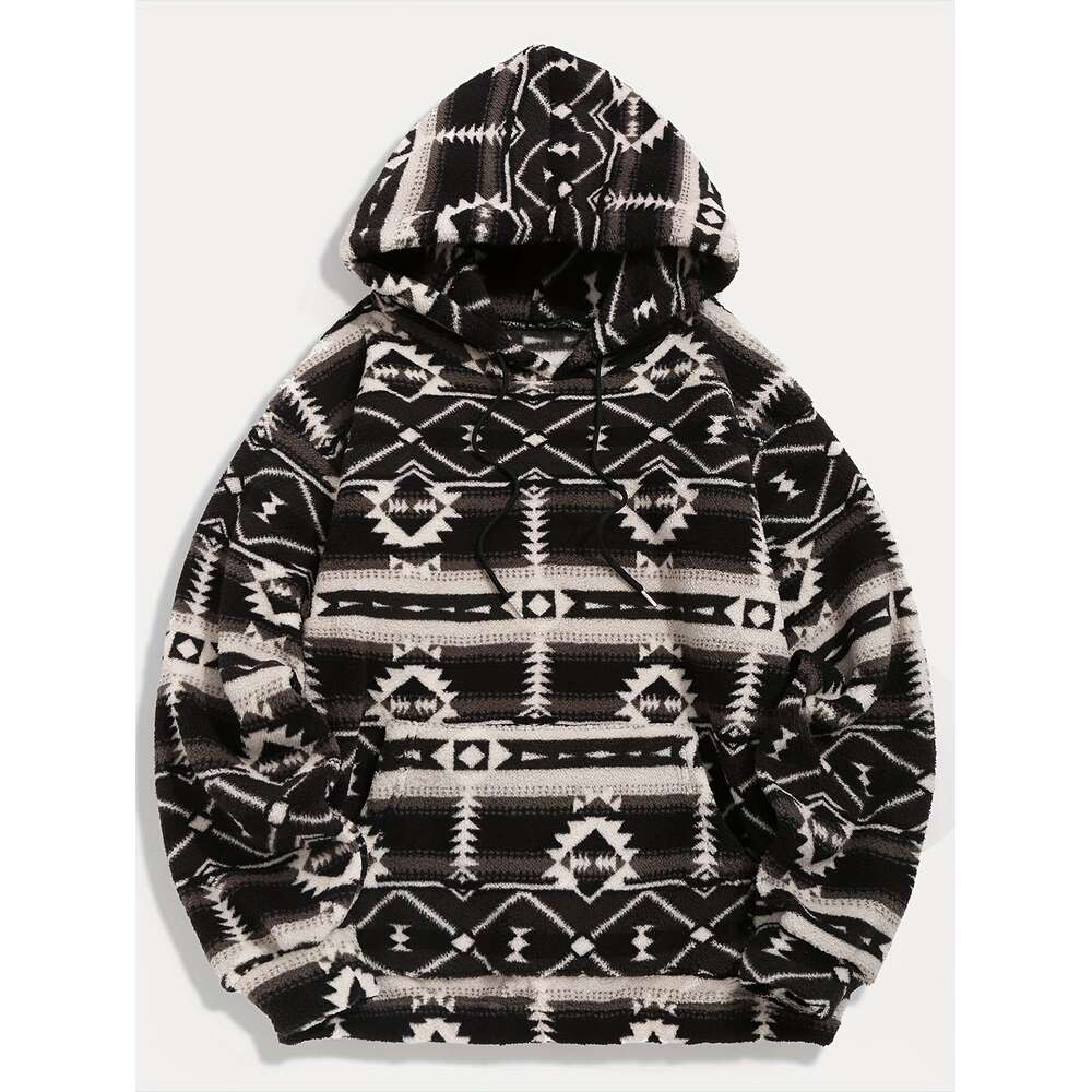 Ethnic Style Geometric Pattern, Men's Loose Polar Fleece Hoodie For Winter & Fall, Hooded Sweatshirt With Drawstring And Kangaroo Pocket