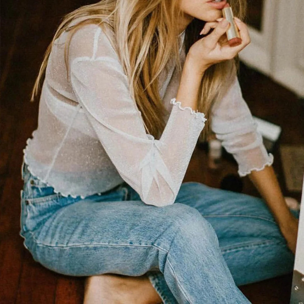 Sexy Mesh Shiny Long Sleeve T Shirt Women Spring Transparent Club Party Black Tee Shirts Sexy Thin O Neck Short Tops 251027