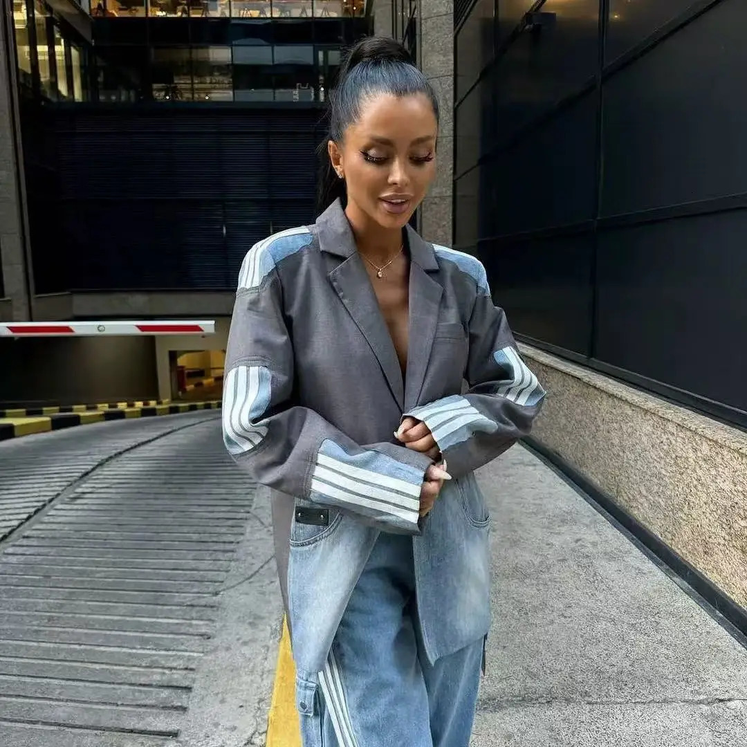 SuperAen Autumn Koreanstyle Fashion Womens Denim Patchwork Notched Singlebutton n Suits High Street Casual Blazers 251027