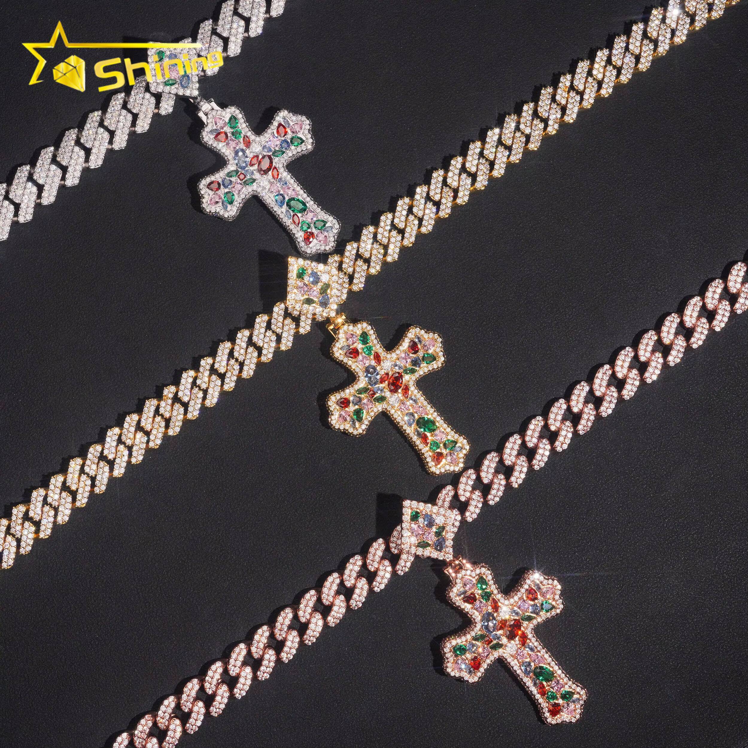 Fashion Pendant Charm Iced Out Brass Colorful Moissanite Diamond Cross Pendant Rapper Cool Style Hip Hop Pendant for Necklace