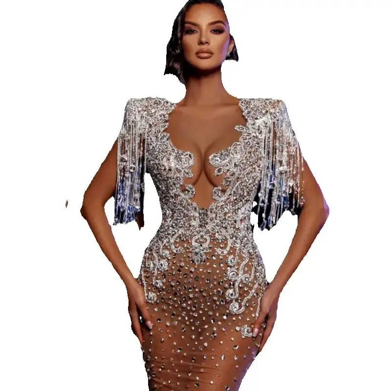 Modern Mermaid Evening Dress Tassel Sleeve Prom Gowns Sexy V-Neck Beads Satin Prom Dress vestidos de novia Plus Size Customized Robes De Mariee L25280