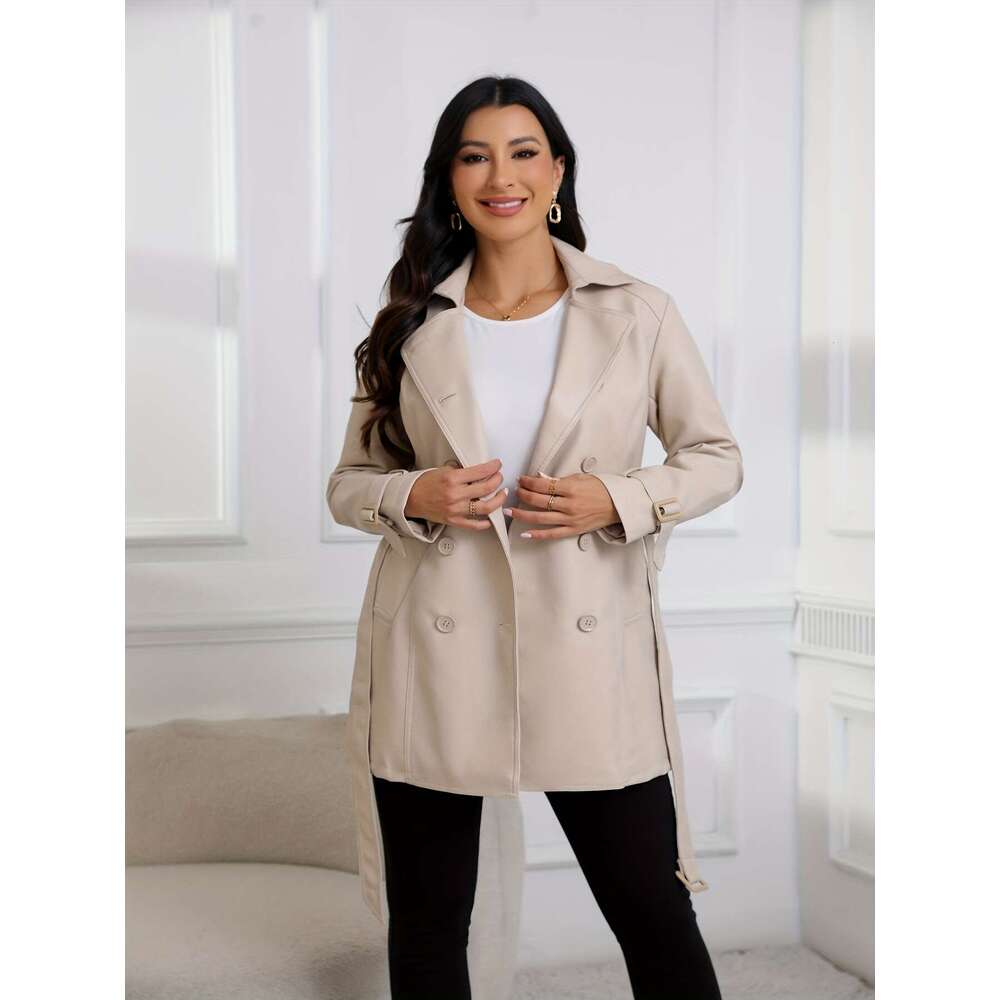 Elegant Windbreaker Lightweight PU Windbreaker Women's Jacket | Elegant Mid-Length Belted Coat With Adjustable Waist, Solid Black For Spring/Fall