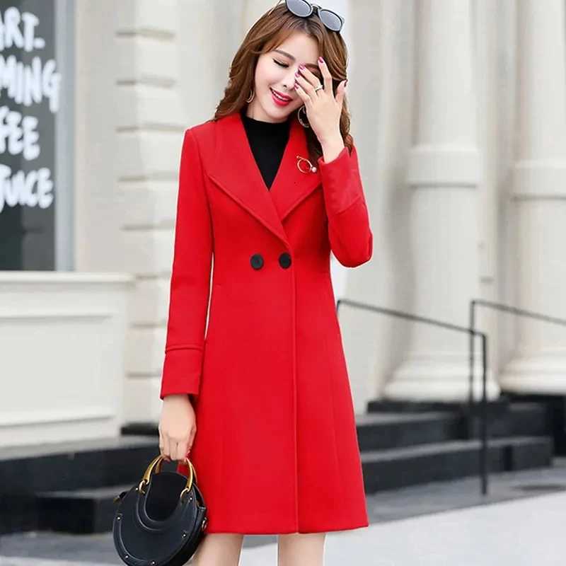 Fashion Winter Jacket Womens Double Breasted Wool Coat Solid Color Korean Slim Female Woolen Jacket MidLong Jacket M251027