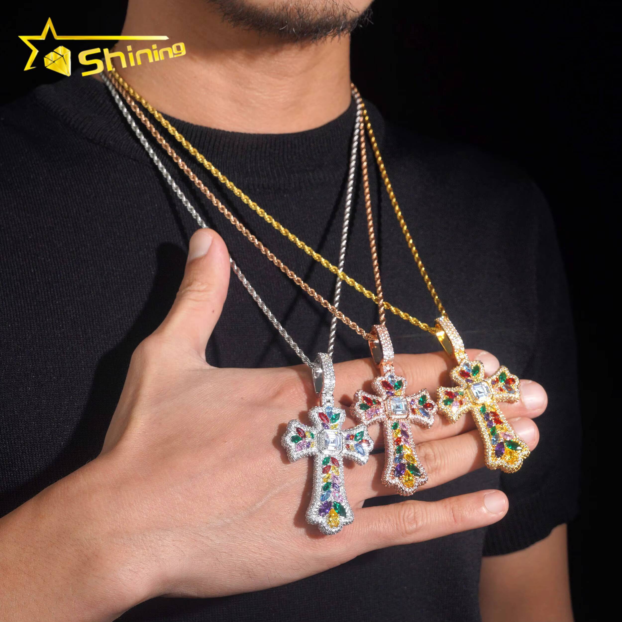 Fashion Hip Hop Pendant Jewelry Men Women Brass Iced Out Moissanite Diamond Cross Pendant Necklace Daily Wear