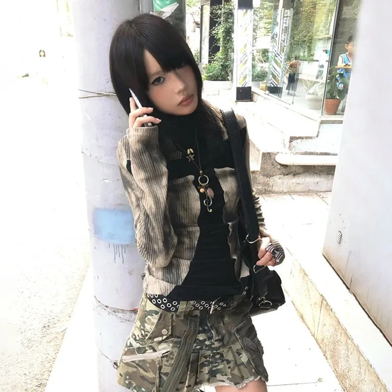 Karrram Japanese Y2k Ribbed Tops Vintage Harajuku Cross Print Tshirt Grunge Aesthetics Long Sleeve Patchwork Tops Trashy 2000s 251027