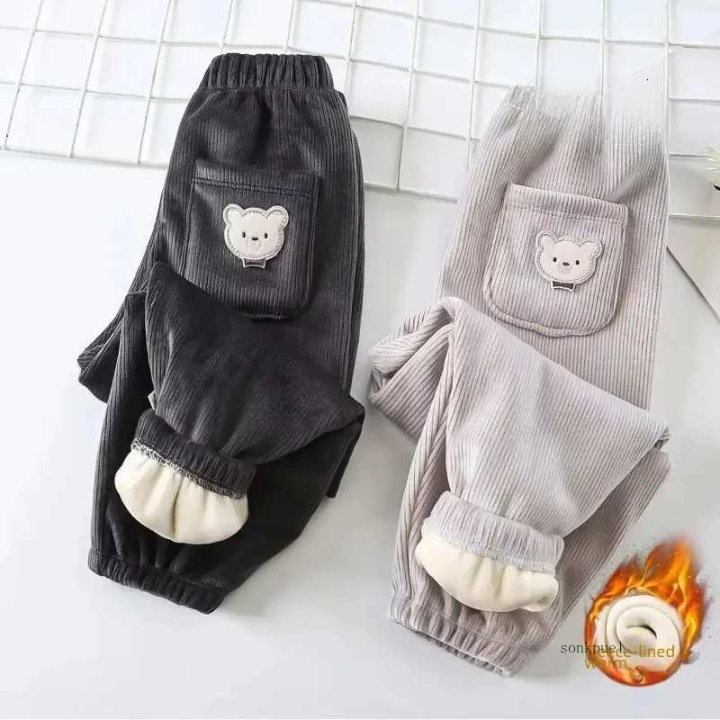 Autumnwinter Childrens Fleecelined Corduroy Pants Stylish Embroidery Casual Warm Trousers For Boys GirlsT251027