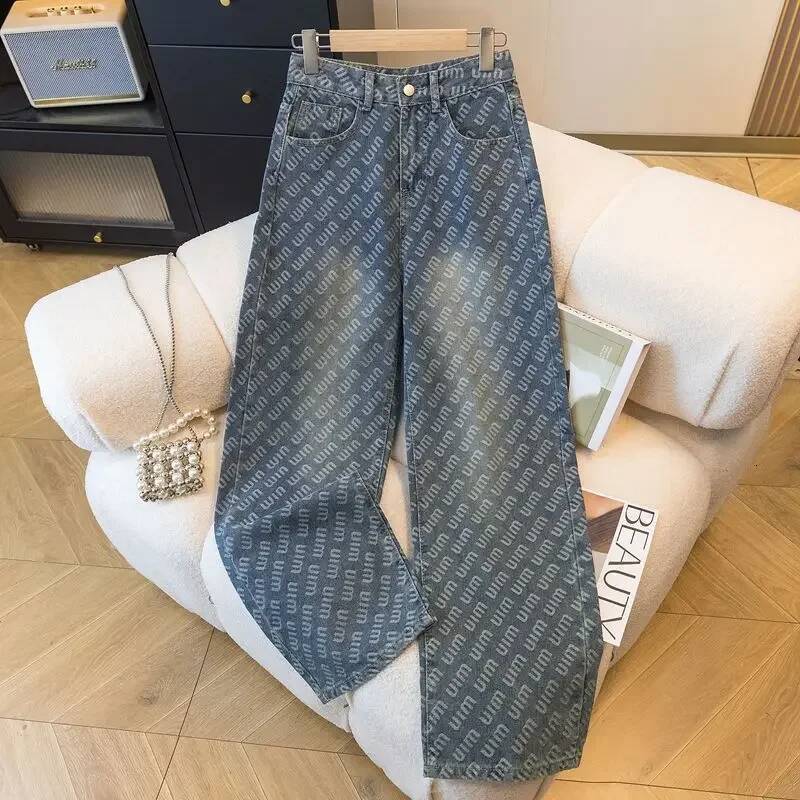 winter jacket women Women's Floor-Length Straight Denim Jeans Print Embroidery Loose Wide Leg Pants Autumn New Design Sensation Trousers