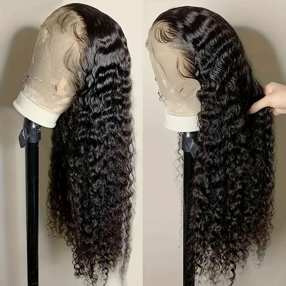 Black 200% Density Long Heat Resistant 13X4 Front Women - Pre-Plucked Hairline, 24 Inch Deep Water Wave Synthetic Lace Frontal With Transparent HD Lac