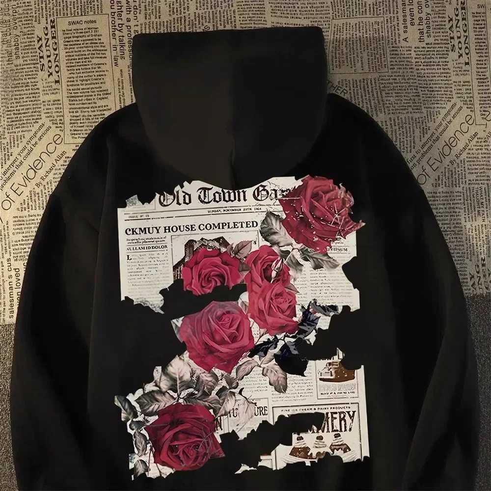 Hoodie Men Graphic Vivid Rose Print Cotton Hoodies American Retro Personality Streetwear Casual Hooded Sweatshirt Mens Clothing W251027