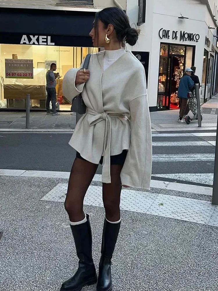 Womens Long Sleeve Reversible Tweed Jacket n Bow Belt Trimmed VNeck Coat Autumn Winter Tops 251027