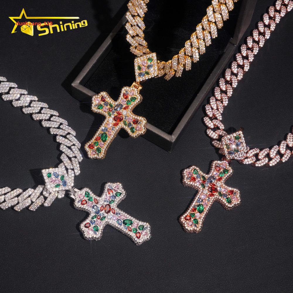 Fashion Pendant Charm Iced Out Brass Colorful Moissanite Diamond Cross Pendant Rapper Cool Style Hip Hop Pendant for Necklace