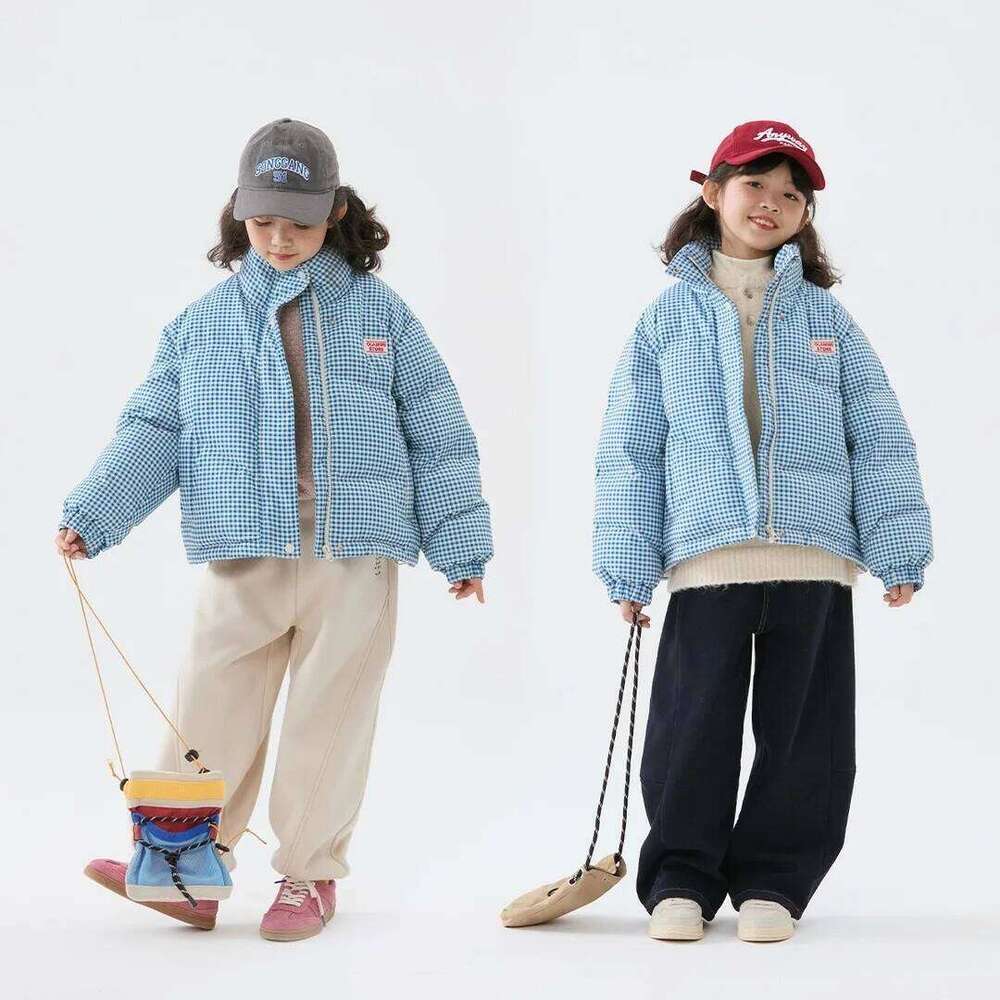 Winter Children Plaid Parkas Blue Stand Collar Thick Warm Teens Girls Outerwear Sticker Zipper Jacket For 4-14Y Girl