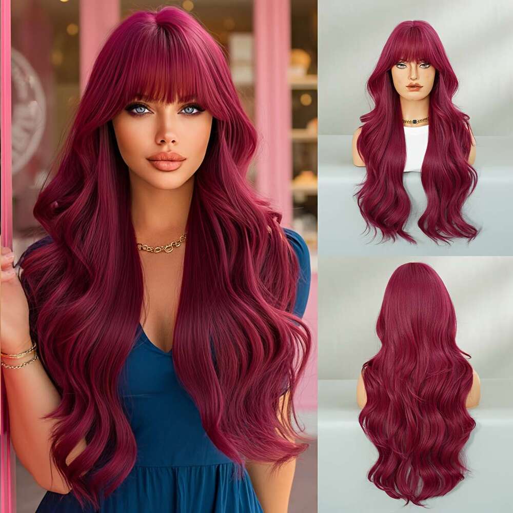 NAMM Women's Long Body Wave Purple Red Cosplay Wig With Neat Bangs Heat-Resistant Synthetic Fiber, High Density 150%, Glueless Rose Net Cap For H