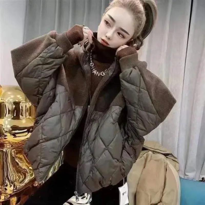 Autumn Winter Down CottonPadded Jacket Womens Overcoat Short Diamond Lattice Bat Sleeve Wool Spell Warm Parker Coat 251027