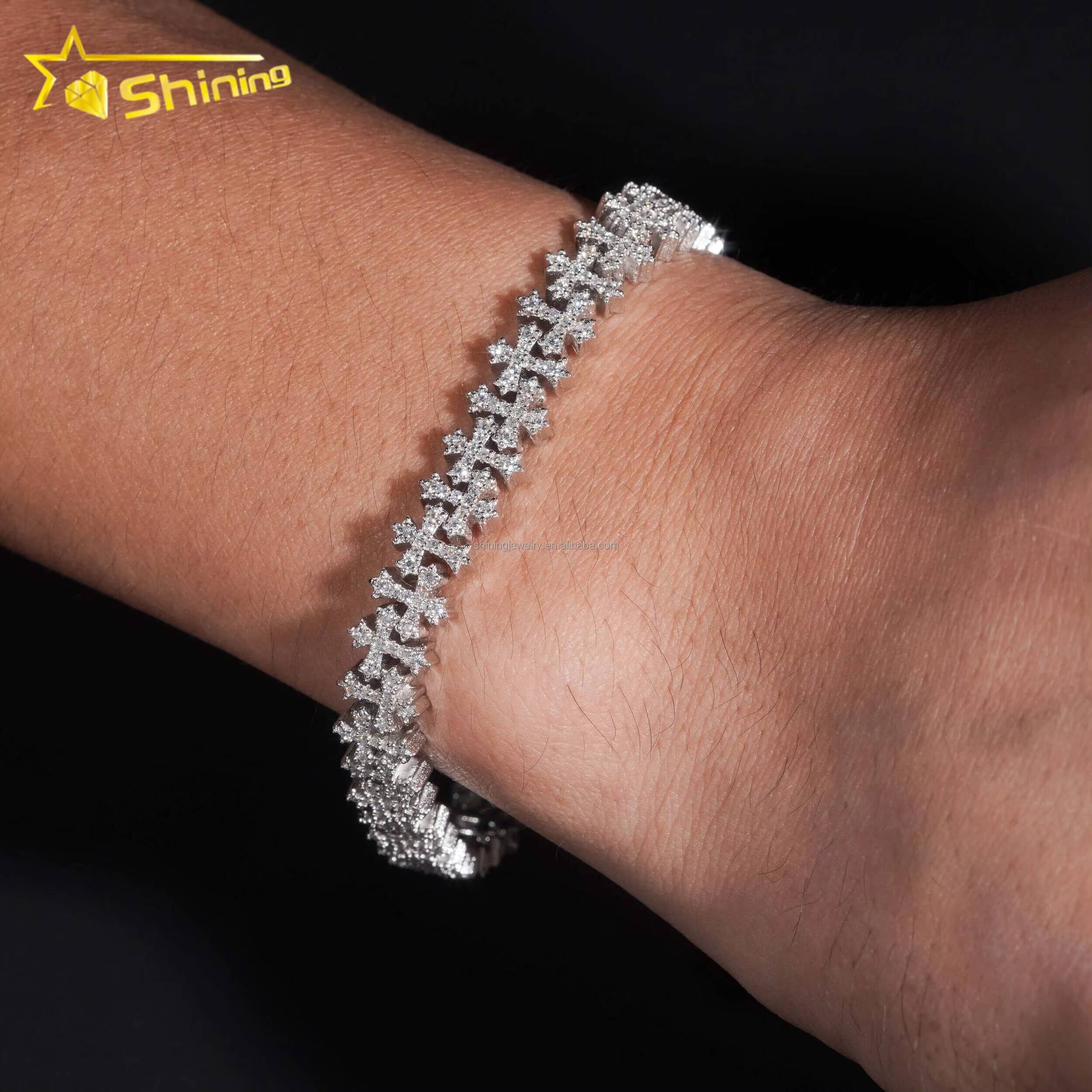 Luxury Small Size Cross Cuban Link Chain Sterling Silver 925 Moissanite Cross Bracelets Hip Hop Mens Jewelry