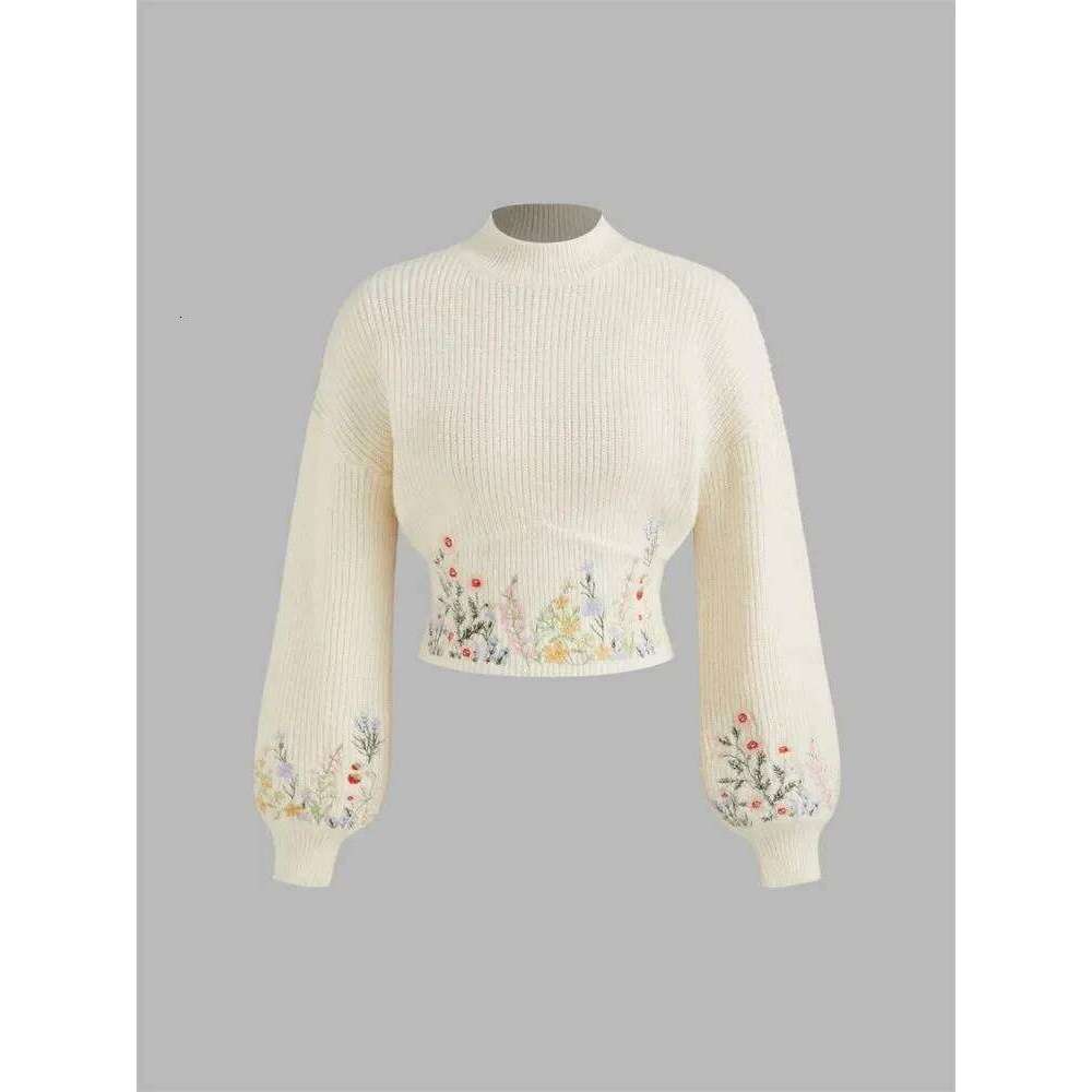 Casual Floral Embroidery Lantern Long Sleeve For Women Autumn Winter Elegant Mock Neck Cropped Knit Sweater Pullover Top Women Sweater Designer Sweate