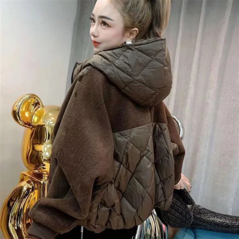 Autumn Winter Down CottonPadded Jacket Womens Overcoat Short Diamond Lattice Bat Sleeve Wool Spell Warm Parker Coat 251027