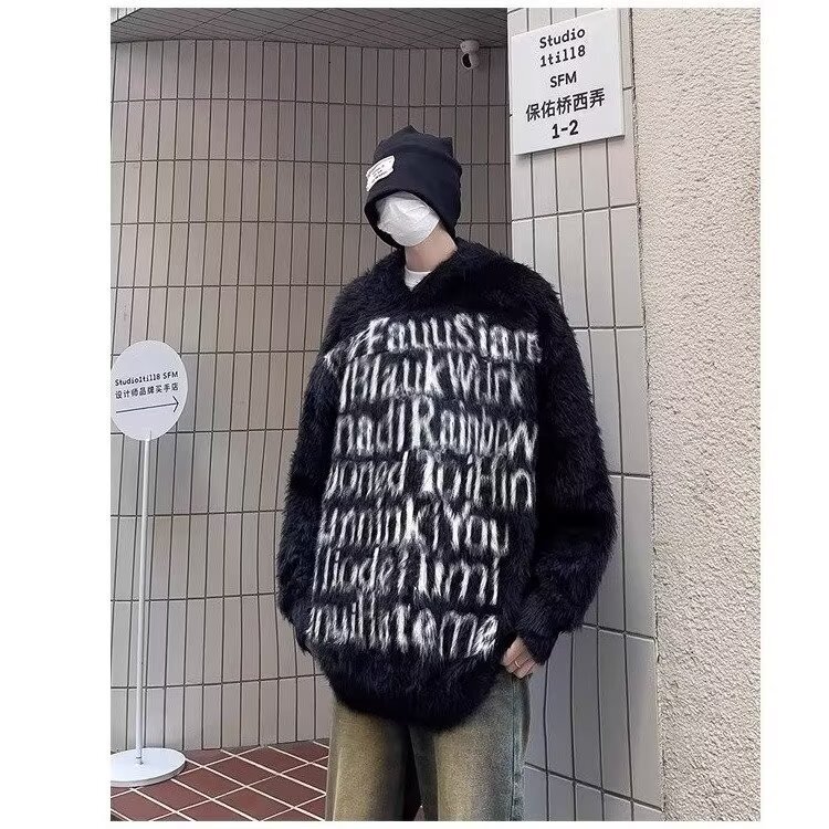 Mink Velvet Letter Jacquard Hooded Designer Sweater Sweater Men's Autumn And Winter New High Street Loose Casual Couple Knitwear Trendy Brand