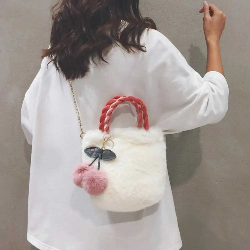 New Fashion Women Handbags Winter Furry Ladies Soft Plush Clutch Purse Shoulder Bags Fashion Female Cherry Pendant Messenger Bag Y251027