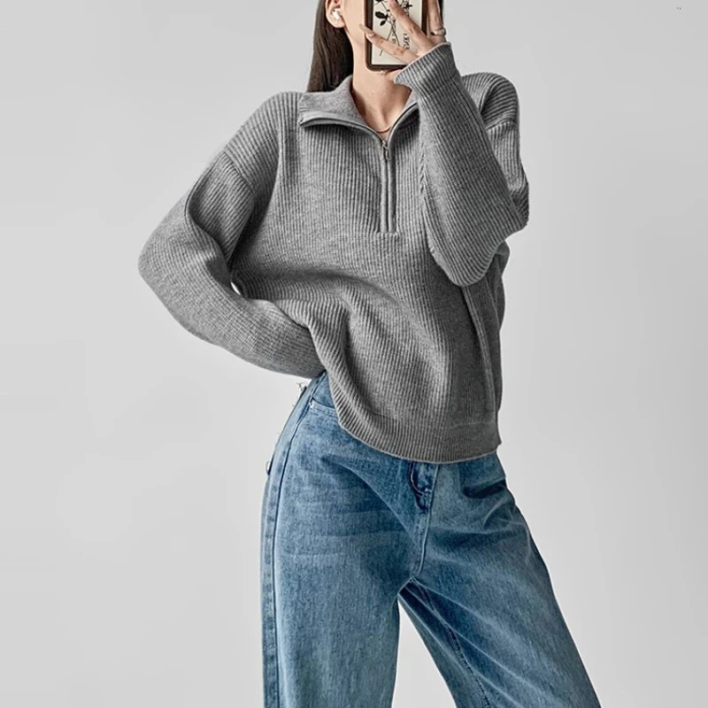 Long Sleeve Solid Gray White Pullover Womens Turtleneck Zippers Fashion Women Sweaters Casual Knitted Sweater Woman Winter 2025 251027