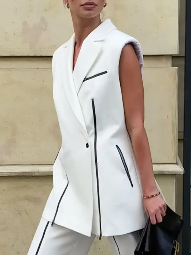 Gymystars Womens White Suit Vest Top Sleeveless Coat for Women Vintage Shoulder Pad Zipper Casual Blazer Outwear 251027