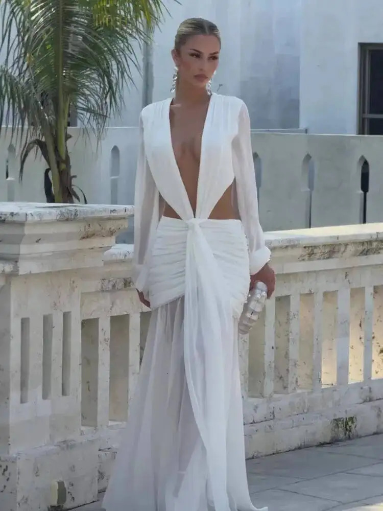 Avrilyaan Deep V Hollow Chiffon Backless Sexy Party Dress Women 2025 Spring Summer Dress Nightclub Bodycon Maxi Long Dresses 251027