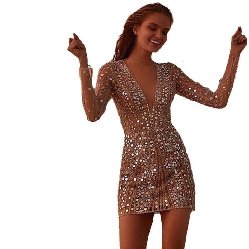 2025 Design Women's Fashion Deep V Long Sleeve Sequin Dress Little Gown