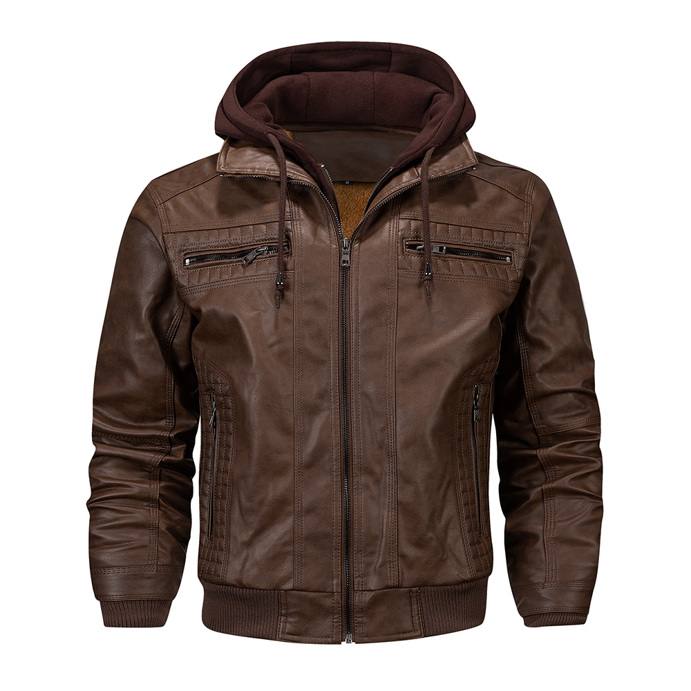 Men's Hooded Leather Jacket Autumn and Winter Motorcycle Jackets Windproof Coldproof and Warm Men Coat Jackets