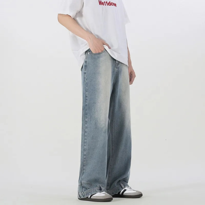 Vintage American Retro Reverse Side Turned Denim Jeans Men Women Couple Straight Wide Leg Baggy Drag Pants Trendy 251027