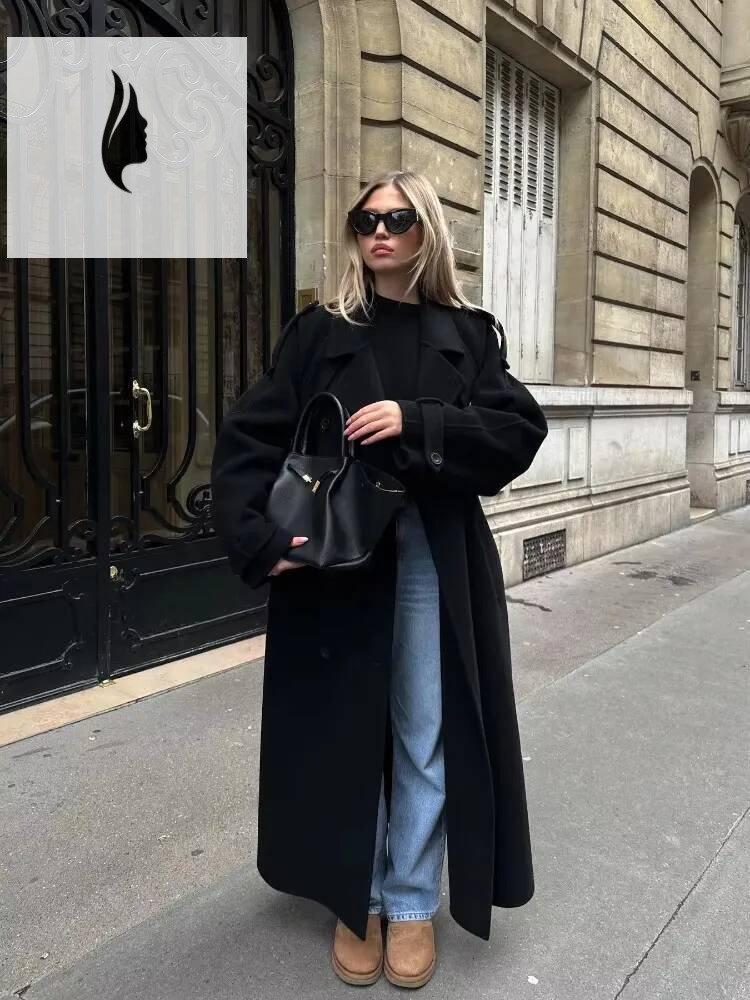 winter jacket women Elegant With Belt Black Long Coat For Women Oversize Woolen Double Button Lapel Overcoat Autumn New Lady High Street Outerwear