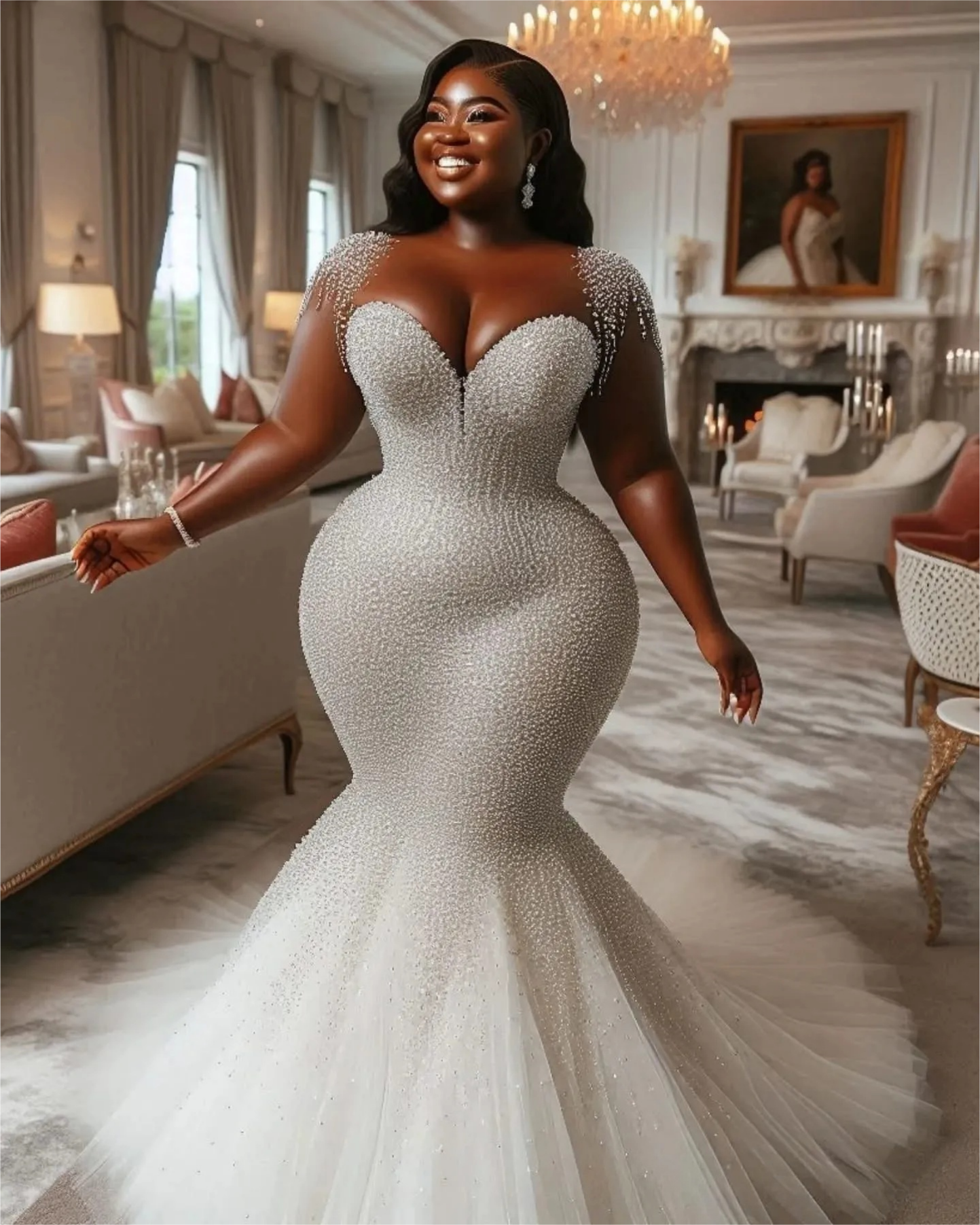 Plus Size Aso Ebi Wedding Dress in Ivory with Cap Sleeves Beaded Sequined Tulle and Sparkly Detail