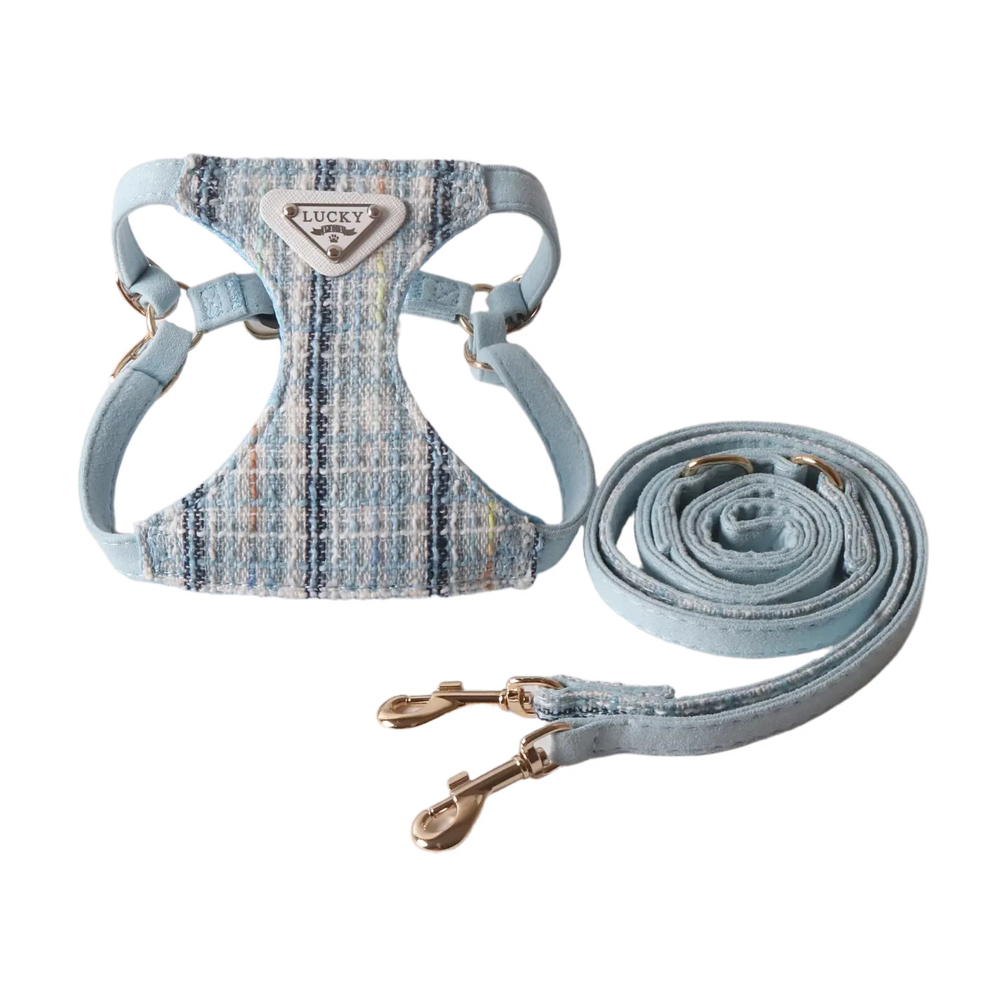 Tweed Pet Harness and Leash Set with Triangular Accent - Breathable Mesh Walking Vest with Double Hooks, Stylish Adjustable Harness for Small Medium D