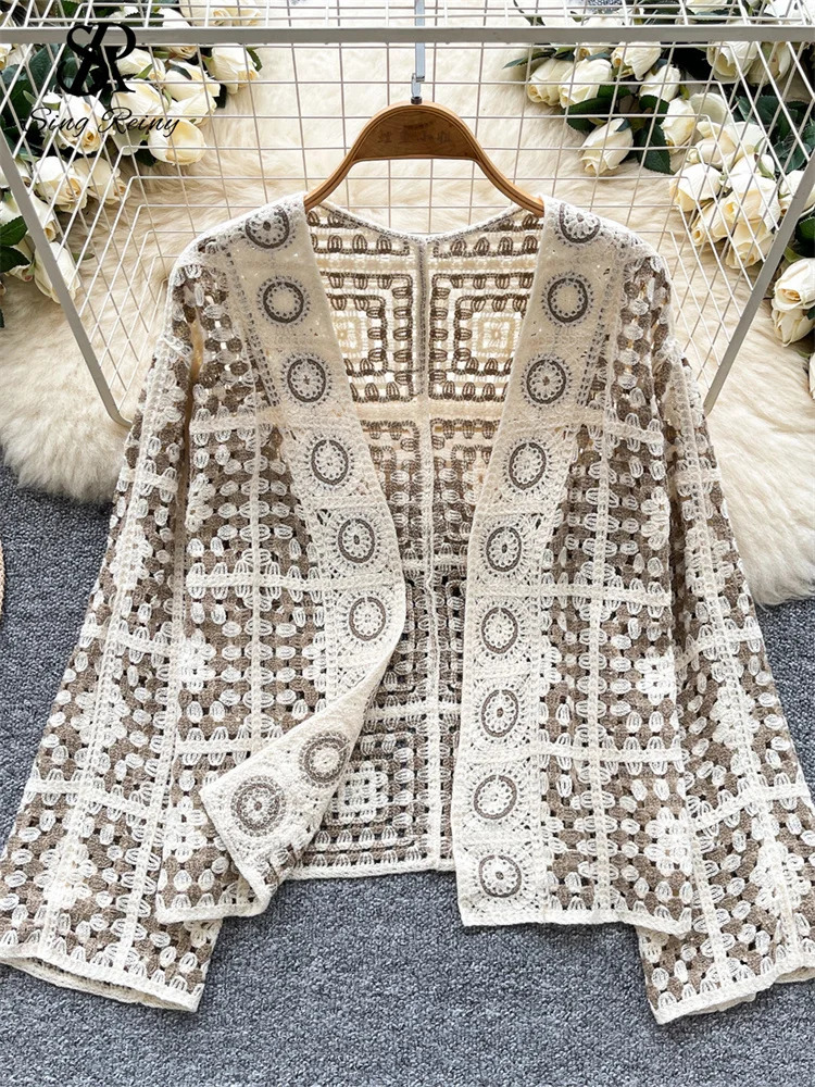 SINGREINY Vintage Boho Loose Plaid Cardigans Female Long Sleeves Hook Flower Hollow Tops 2025 Vacation Sunscreen Casual Shirt 251027