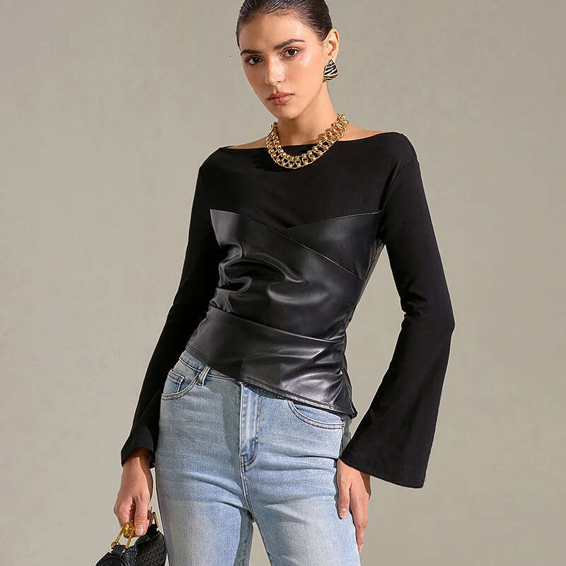 Women's Fashion Autumn New Round Neck Knitted Tube Ruched Leather Patchwork Flared Sleeve Top