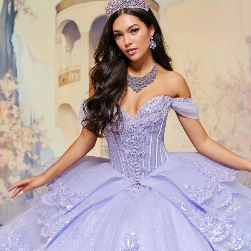 Lavender Quinceanera Dresses Off The Shoulder Applique Lace Beading Tull Party Birthday Sweet 16 Dress Vestidos 15 De Anos