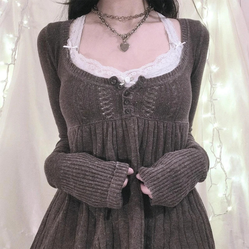 2000s Vintage Long Sleeve Babydoll Knitted Sweater Tops Cottage Milkmaid Pullovers Aesthetic Grunge Y2k Knitwear Tshirts Women 251027