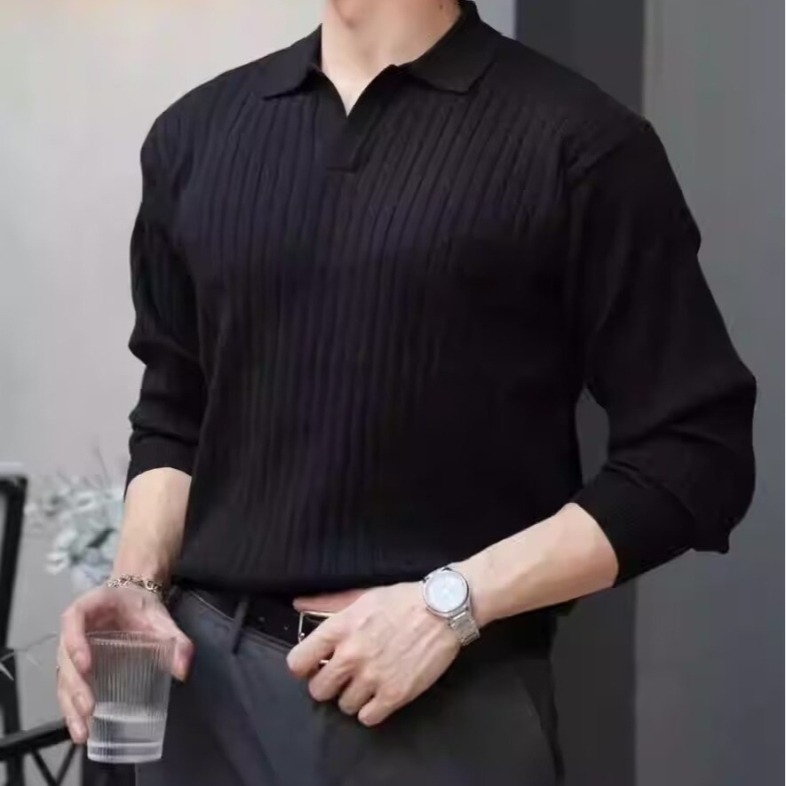 Light Mature Style Spring And Autumn New Korean Men's Solid Color Ribbed Designer Sweater Stretch Turn-down Collar Pullover Slim Fit Knitted Swea