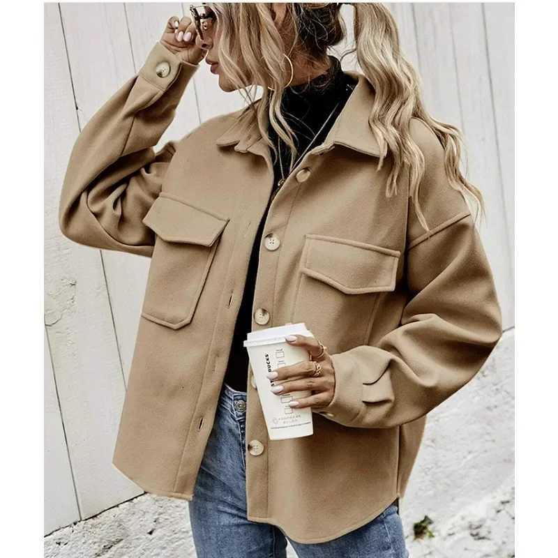 Women Long Sleeve Single Breasted Turndown Collar Woolen Coat Women Solid Loose Cardigan Pocket Coat Spring Autumn Woolen Coat M251027