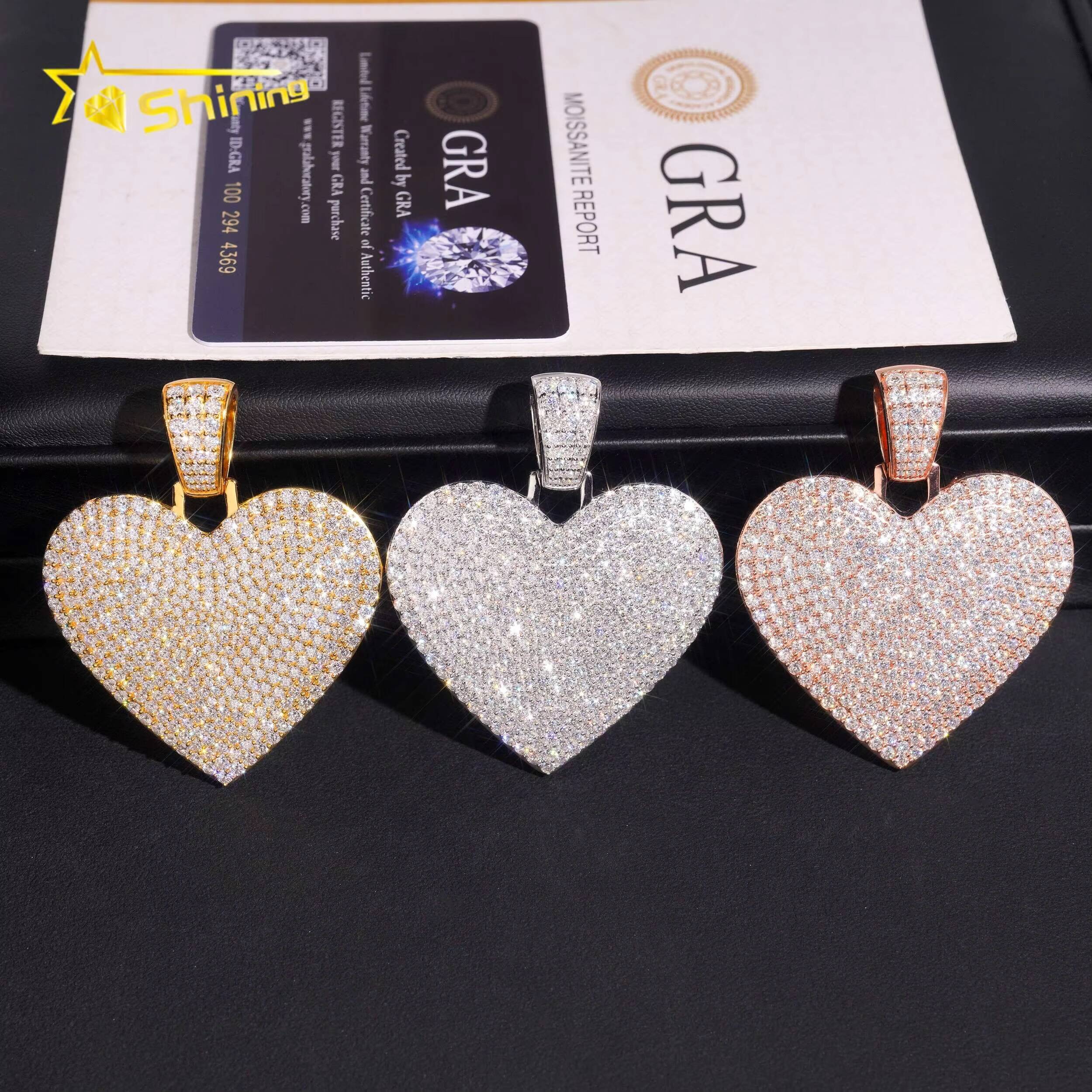 Hip Hop Jewelry Gold Plated Heart Pendant 925 Sterling Silver VVS GRA Pass Diamond Test Moissanite Iced Out Pendant