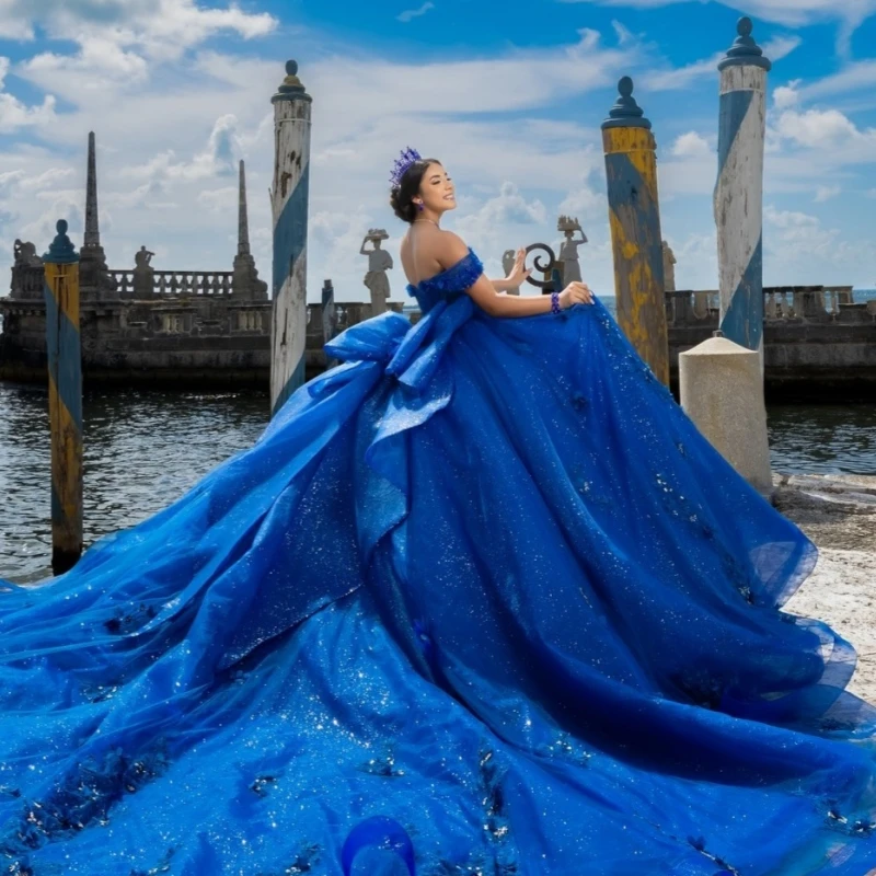 Royal Blue Quinceanera Dresses Off The Shoulder Applique Flower Beading Crystal Bow Corset Tull Party Birthday Sweet 16 Dress