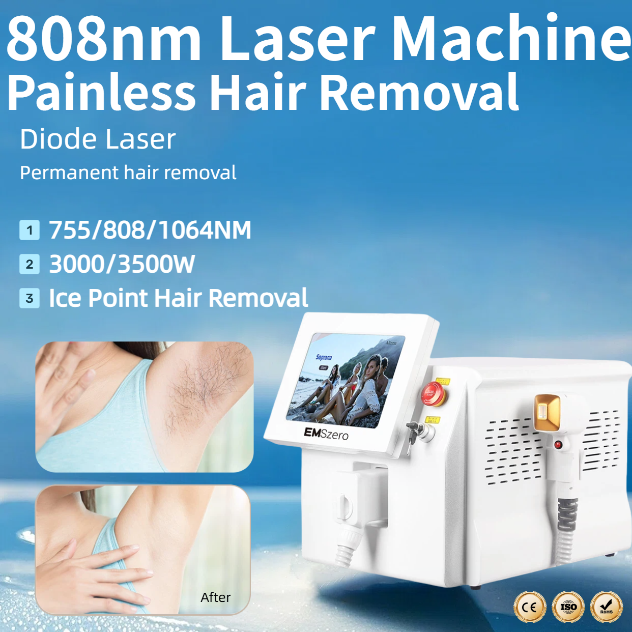 Diode Laser Hair Removal Machine 808nm Laser 3 Wavelengths Alexandrit Permanent Painless Physical Underarm Body Care Depilation Equipment Water-cooled